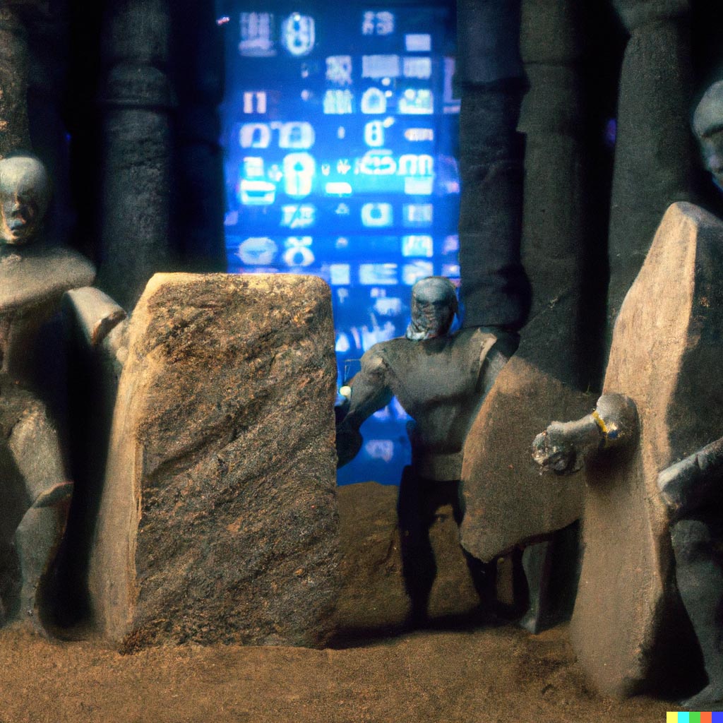 Dalle prompt: Robots building data center out of marble stones, A film still from Gladiator (2000)